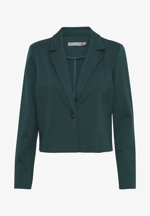 Blazer cropped en teal foncé avec un seul bouton noir, revers crantés et manches longues, confectionné dans un tissu lisse et extensible.