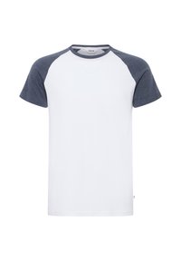 Short-sleeve t-shirt with a white body and dark blue raglan sleeves. Made of soft cotton with a round neckline. Minimalistic design.