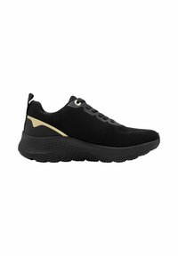 Black athletic shoe with a breathable mesh upper, featuring a gold accent on the side, black lace-up design, and textured rubber sole.
