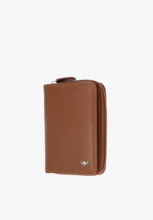 Brown leather zippered wallet with stitched edges and a small silver emblem on the front corner, shown closed against a white background.