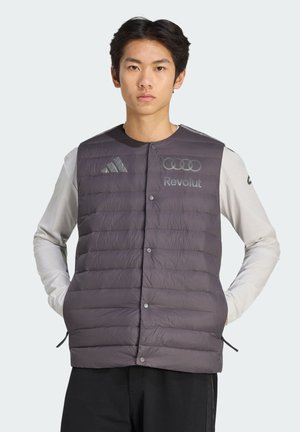 Jonge man die een grijze gewatteerde bodywarmer draagt met Audi- en Revolut-logo's over een licht langärmelig shirt, staand met handen in de zakken.