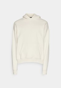 Krämfärgad hoodie i mjukt tyg, med en känguruficka, justerbar huva med snörning och ribbade ärmslut. Enfärgad design, inga mönster.