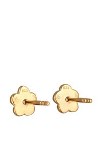 Guldfarvede blomsterformede stud øreringe, mærket "925," med en struktureret post. Enkel design med en poleret finish og runde bladene.