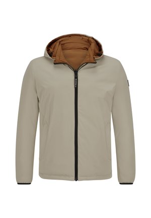 Helle beige Jacke mit einem braunen Innenfutter und einem Reißverschluss vorne. Verfügt über eine Kapuze und einen kontrastierenden schwarzen Reißverschluss. Glatte Textur.