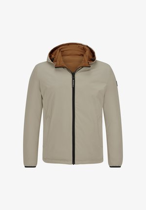 Helle beige Jacke mit einem braunen Innenfutter und einem Reißverschluss vorne. Verfügt über eine Kapuze und einen kontrastierenden schwarzen Reißverschluss. Glatte Textur.