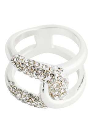 Silver double-band ring with two curved segments encrusted with small clear crystals forming a linked chain design.