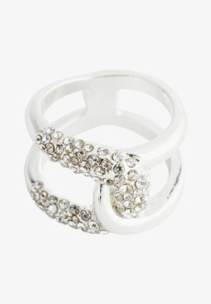 Silver double-band ring with two curved segments encrusted with small clear crystals forming a linked chain design.