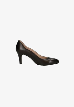 Zapato de tacón alto de cuero negro con punta afilada y tacón de altura media. Textura suave con diseño minimalista y sin patrones visibles.