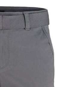 Šedé šortky s pleteným elastickým pasem, vyznačující se hladkým materiálem, boční kapsou, detailním šitím a přiléhavým střihem.