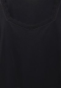 Black top featuring a v-neckline with delicate lace trim. Soft, smooth fabric with a plain texture and no visible patterns or accents.
