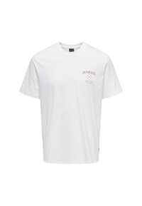 White cotton t-shirt with short sleeves, featuring a light purple graphic reading "SUNDAYS" and geometric shapes on the chest.