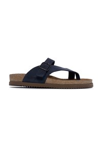 Infradito in suede blu navy con footbed in sughero, cinturino regolabile con fibbia e suola in gomma testurizzata con motivo a zigzag.