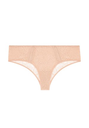 Beżowe koronkowe figi hipsterskie z kwiatowym wzorem i szerokim pasem, przeznaczone do damskiej bielizny.