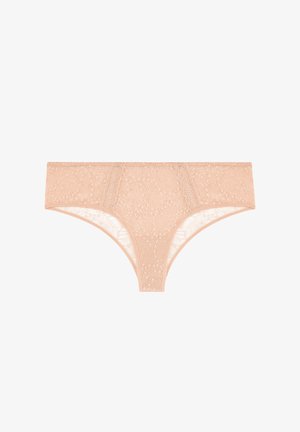Beżowe koronkowe figi hipsterskie z kwiatowym wzorem i szerokim pasem, przeznaczone do damskiej bielizny.
