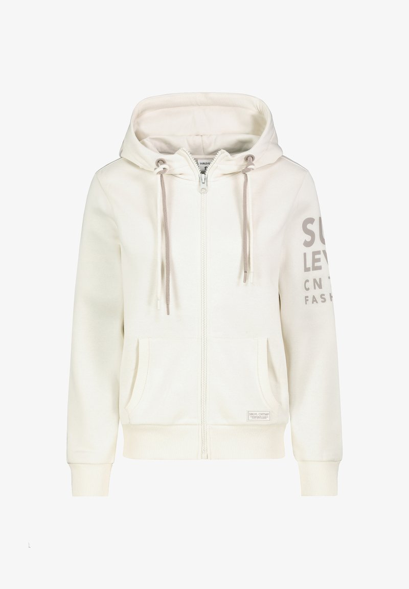 Licht beige rits-hoodie met een ruime capuchon, beige trekkoorden, voorzakken en "SULY LEVEL" in het grijs gedrukt op de linkermouw.
