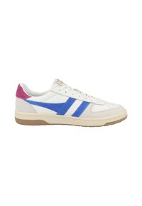 White sneaker with blue and pink accents, featuring smooth leather and suede materials, a rounded toe, and a rubber sole.