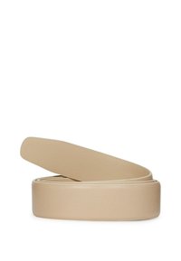 Beige leather belt with a smooth texture, flat design, and rounded tip. It features a sleek, minimalistic style suitable for various outfits.