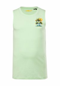 Jasnozielona, bezrękawnikowa koszulka z bawełny, z małą grafiką palmowej drzewa i słońca na wysokości klatki piersiowej. Gładki kolor, okrągły dekolt.