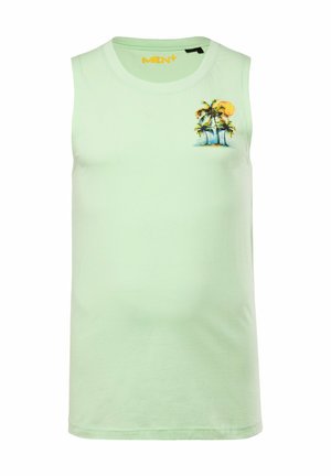 Světle zelené tílko bez rukávů vyrobené z bavlny, s malým grafickým motivem palmy a slunce na hrudi. Jednobarevné, kulatý výstřih.