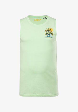 Camiseta sin mangas de color verde claro hecha de algodón, con un pequeño gráfico de una palmera y el sol en el pecho. Color sólido, con cuello redondo.