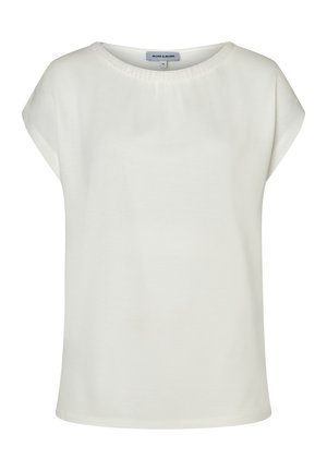 Weiße Bluse mit kurzen Ärmeln und rundem Ausschnitt, verziert mit dezenten Perlendetails, Größe 36, mit dem Label "MORE & MORE".