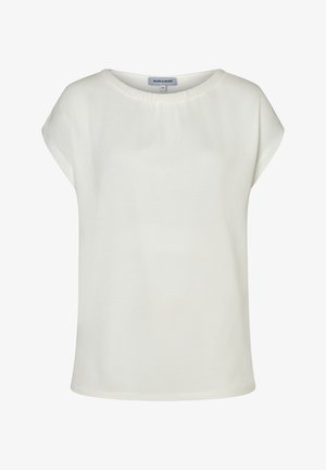 Weiße Bluse mit kurzen Ärmeln und rundem Ausschnitt, verziert mit dezenten Perlendetails, Größe 36, mit dem Label "MORE & MORE".