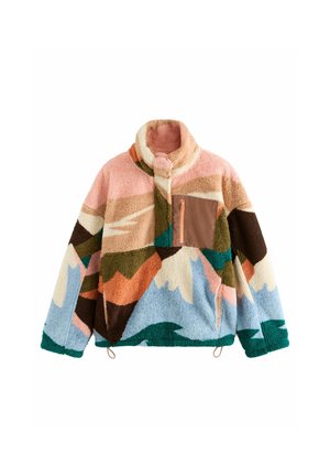 Farverig fleecepullover med højt krave, lynlåslomme og et geometrisk mønster i pink, brun, grøn, blå og cremefarvede nuancer.