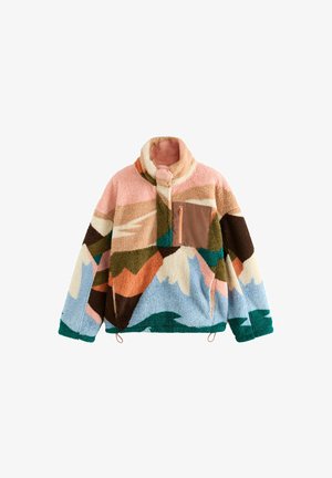 Farverig fleecepullover med højt krave, lynlåslomme og et geometrisk mønster i pink, brun, grøn, blå og cremefarvede nuancer.