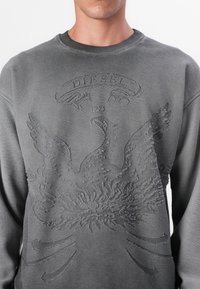 Grå sweatshirt med et præget ørnedesign og teksten "DIESEL 1978" ved halsudskæringen. Lavet af struktureret stof med rund hals.