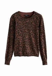 Leopardų raštas megztinis ruda ir juoda spalvomis ant bordo fono. Grybų rankogaliai ir apatinė dalis. Minkšta tekstilė. Apvalus iškirpimas.