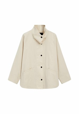 Beige lightweight jacket with high collar, front button closure, long sleeves, and two front pockets.