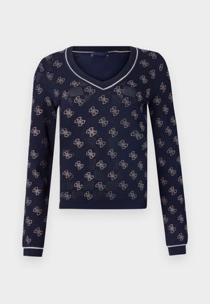 Navy-blue long-sleeve sweater with V-neck, featuring a repeating light pattern and textured knit. Accented with a contrasting neckline trim.
