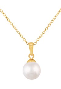 Collana in oro con pendente a forma di perla bianca tonda, rifinita con un cappuccio dorato e un design di catena sottile e lavorata.