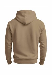 Plain beige hoodie shown from the back with long sleeves, a hood, and ribbed cuffs and hem on a white background.