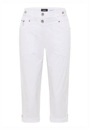 Pantalones blancos recortados con cierre de doble botón, bolsillo delantero con cremallera, trabillas para cinturón y lengüetas ajustables en los bajos, etiqueta de marca en el interior de la cintura.