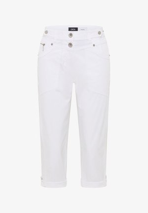 Pantalones blancos recortados con cierre de doble botón, bolsillo delantero con cremallera, trabillas para cinturón y lengüetas ajustables en los bajos, etiqueta de marca en el interior de la cintura.