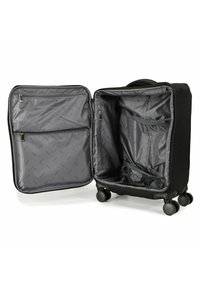 Schwarzer Rollkoffer mit geöffnetem Reißverschluss, ausgestattet mit einem grauen Innenraum und mehreren Fächern, darunter Reißverschlusstaschen und elastische Gurte.