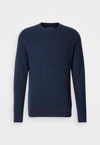 Pulover tricotat bleumarin cu textură ondulată, guler rotund și accente albastre contrastante la manșete. Design simplu, drept, cu mâneci lungi.