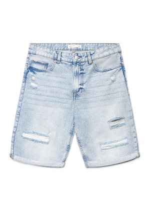 Shorts in denim azzurro chiaro con orli risvoltati, dettagli effetto usurato, chiusura frontale con bottone e cerniera e design a cinque tasche.