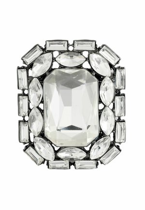 Clear crystal brooch featuring an oversized rectangular center surrounded by marquise and rectangular stones, set in black metal.