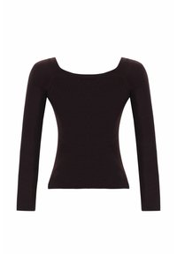 Haut à manches longues marron foncé côtelé avec un décolleté carré, une coupe ajustée et un tissu texturé. Aucun logo ou motif visible.