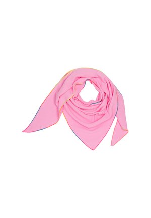 Pink square scarf with a textured finish, edged in yellow and blue, arranged in a loose, flowing manner.