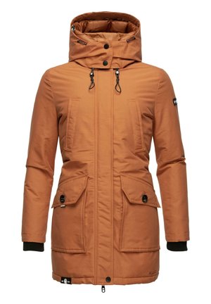 Brown, insulated parka featuring a high collar with drawstrings, two front pockets, and ribbed cuffs for added warmth.