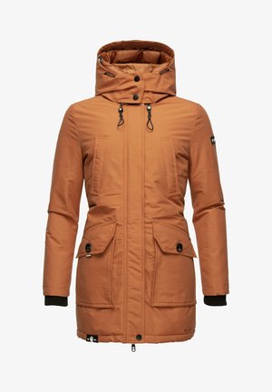 Brun, isolerad parka med hög krage och dragsko, två framfickor och ribbade mudd för extra värme.