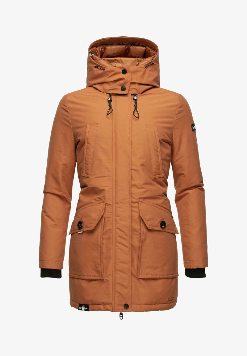 Braune, isolierte Parka mit hohem Kragen und Zugbändern, zwei Fronttaschen und gerippten Bündchen für zusätzliche Wärme.