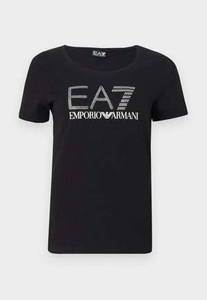 Crna majica kratkih rukava od pamuka, s okruglim izrezom i logotipom "EA7 Emporio Armani" ukrašenim rhinestones kamenčićima preko prednjeg dijela.