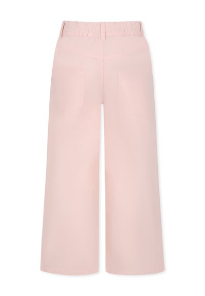 Pantalon large rose avec une taille élastique, doté de deux poches arrière et d'un discret détail de couture. Tissu lisse et léger.