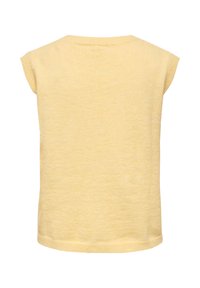 Haut en maille jaune pâle à manches courtes avec un col rond, présenté à plat montrant le dos.