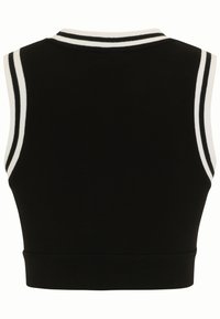 Top corto negro sin mangas con acentos de rayas blancas en los hombros. Tela suave con un diseño ajustado y un dobladillo acanalado.