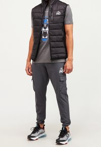 Chaleco de plumas negro sobre una camiseta gráfica gris con un diseño de león azul y blanco. Pantalones jogger grises con bolsillos laterales y detalles de logotipo.